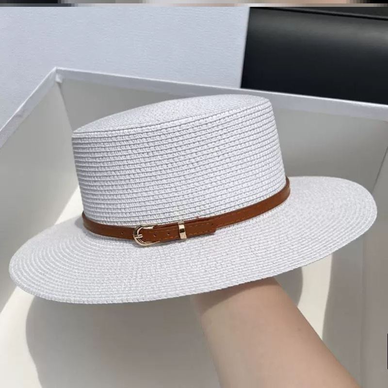 Small Fresh Flat Top Straw Hat Women's Summer Beach Sun Protection Casual Sun Hat French Fashion Temperament Belt Buckle Top Hat