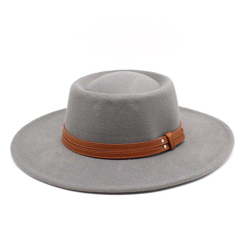 French Double Belt Buckle White Woolen Hat Flat Top Top Hat Female British Retro Style Wide Brim Felt Hat