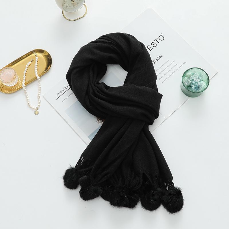 Cashmere Wool Scarf Women's Autumn and Winter High End Solid Color Ball Scarf Versatile Shawl Wool Ball Imitation Cashmere Scarf