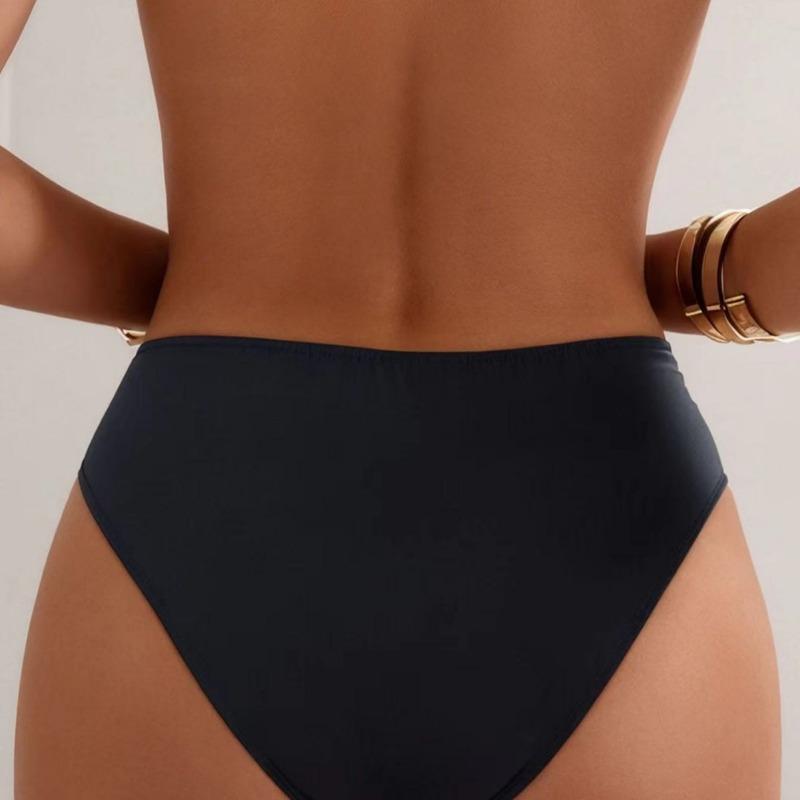 Women's Double Strap High Waist Bikini Bottom Black High Cut Swimwear