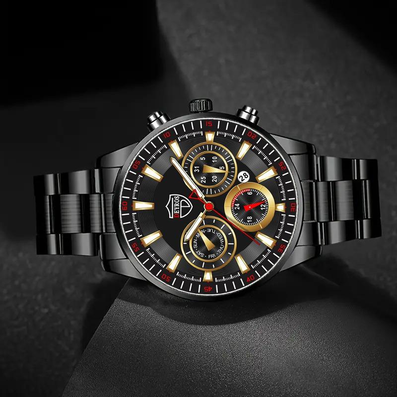 2PCS Set DEYROS Luxury Men's Watch Fashion Men's Calendar Watch Casual Men's Stainless Steel Strap Quartz Watch&Bracelet