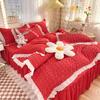Kawaii Princess Seersucker Bedding Set For Girls Washed Cotton Korean Style Luxury Ruffle Lace Quilt Cover Queen Size Bed Skirt