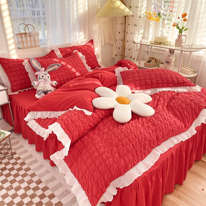 

Kawaii Princess Seersucker Bedding Set For Girls Washed Cotton Korean Style Luxury Ruffle Lace Quilt Cover Queen Size Bed Skirt Skirt Bed Sheet&Twin 1.2m bed (3pcs) червоний