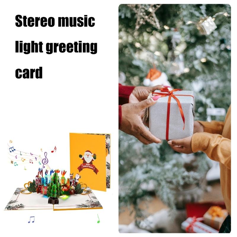 Foldable Greeting Card with Envelope 3D Christmas Tree Card with Musical Tune and Glowing Lights Festival Postcard
