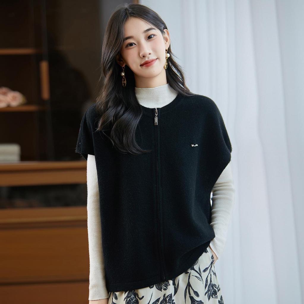 Women's Pure Wool Knit Vest Cardigan - Round Neck, Drop Shoulder, Loose Fit, Sleeveless, Zipper Jacket