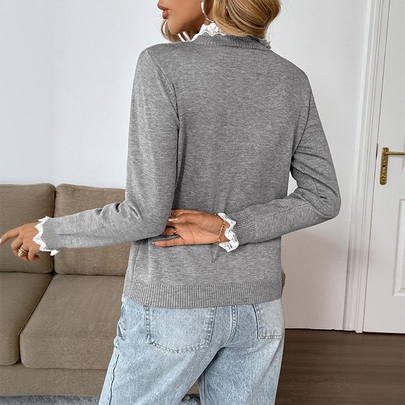 Women's Lace Trim Half Button Sweater Long Sleeve Crew Neck Ribbed Knit Tops Casual Loose Fit Pullover Sweaters