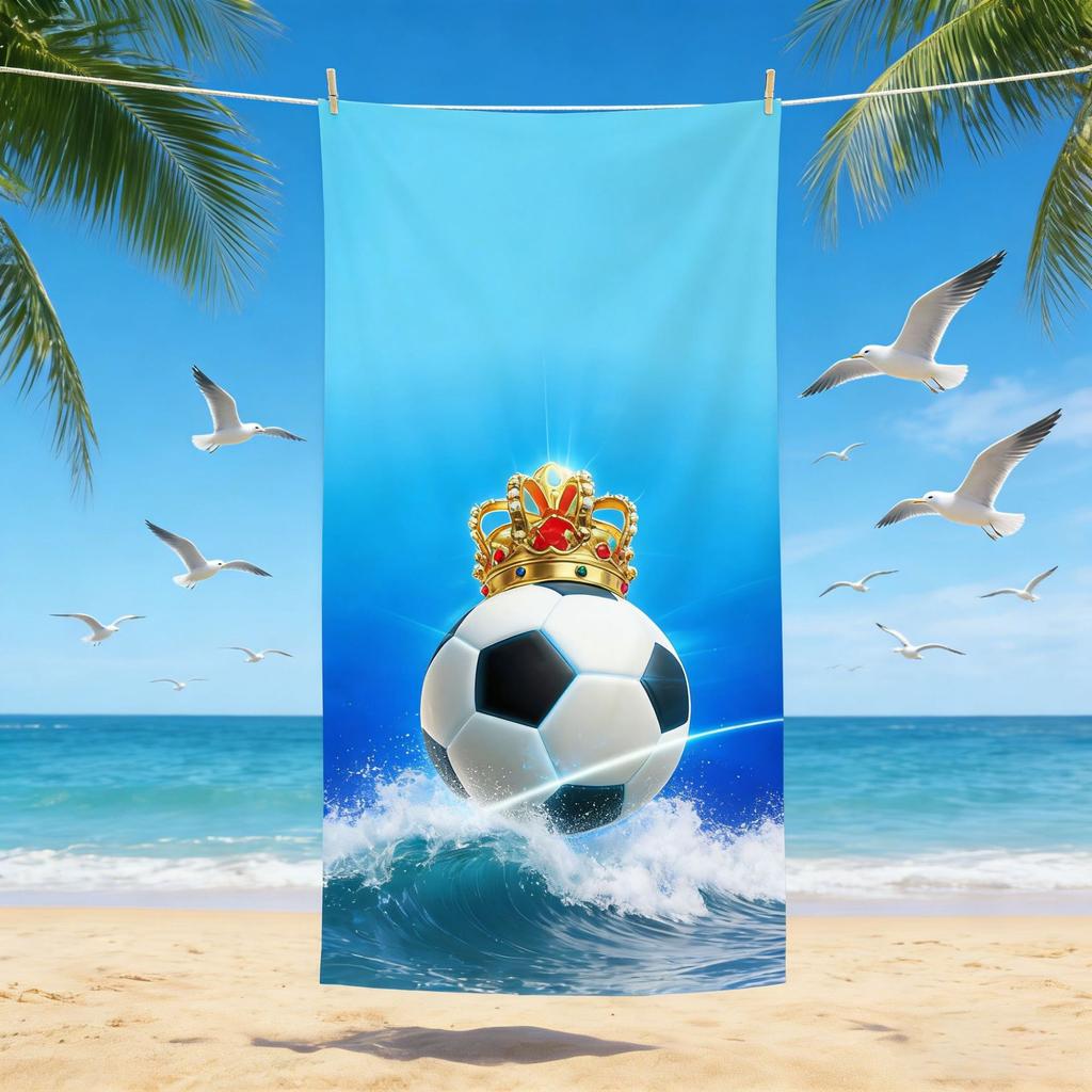 Creative Soccer Beach Towel - Football with Crown, Gold Glitter & Tactical Arrows, Quick Dry Microfiber for Fans