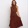 Women Solid Dot Long Dresses 2025 Summer Sexy Halter Strapless Lace Up Dress Female Boho Beach Holiday Maxi Dresses Casual Robe