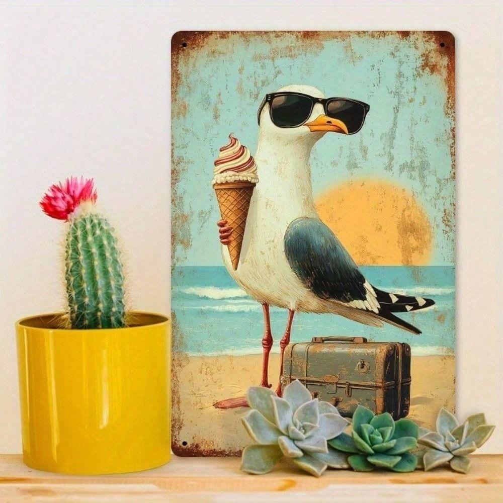 Vintage Metal Poster Nautical Seagull Beach Cafe Wall Art for Bathroom