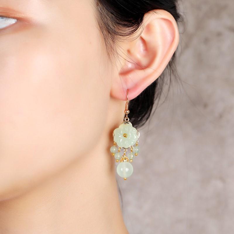 Green Jade Marrow Flowers Tassel Drop Earrings for Women Ethnic Stud Earring Pretty Jewelry Gifts