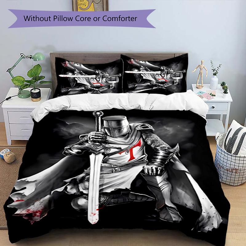 3pcs Knights Templar Pattern Bedding Set Duvet Cover Set Includes Duvet Cover &pillowcases, Perfect All Season Bedroom Decoration & Gift