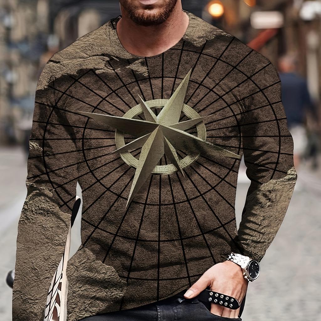 Compression Shirt Vintage Men's O-Neck Long Sleeved T-Shirt Nautical Print Tops Fitness Sunscreen Quick Dry Breathable T Shirts