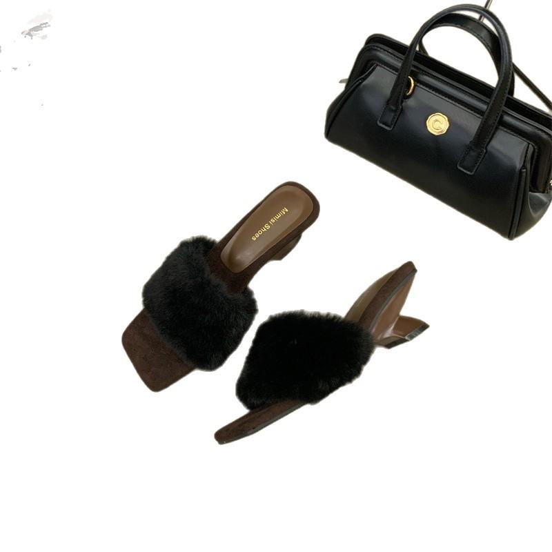 Super fairy keep it for yourself~! One-word with high heels and gentle fluffy slippers for women's autumn and winter wear square head special-shaped