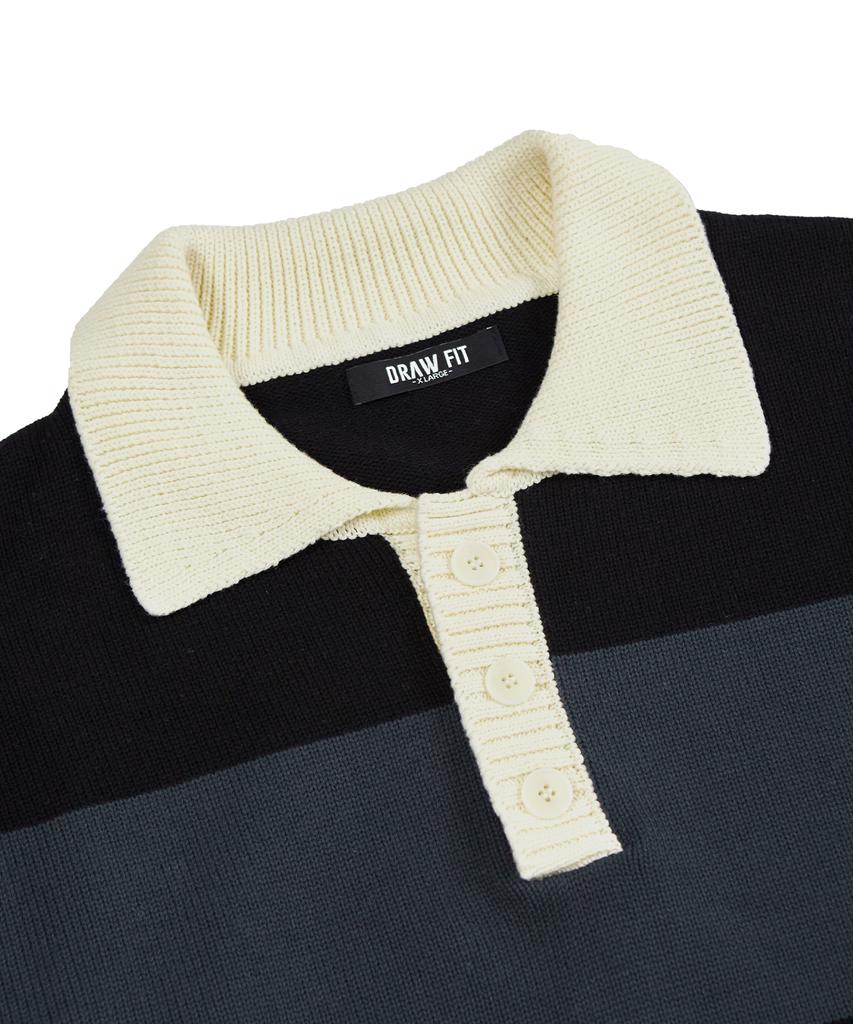 DRAW FIT Striped Cotton Collared Knit [Black]