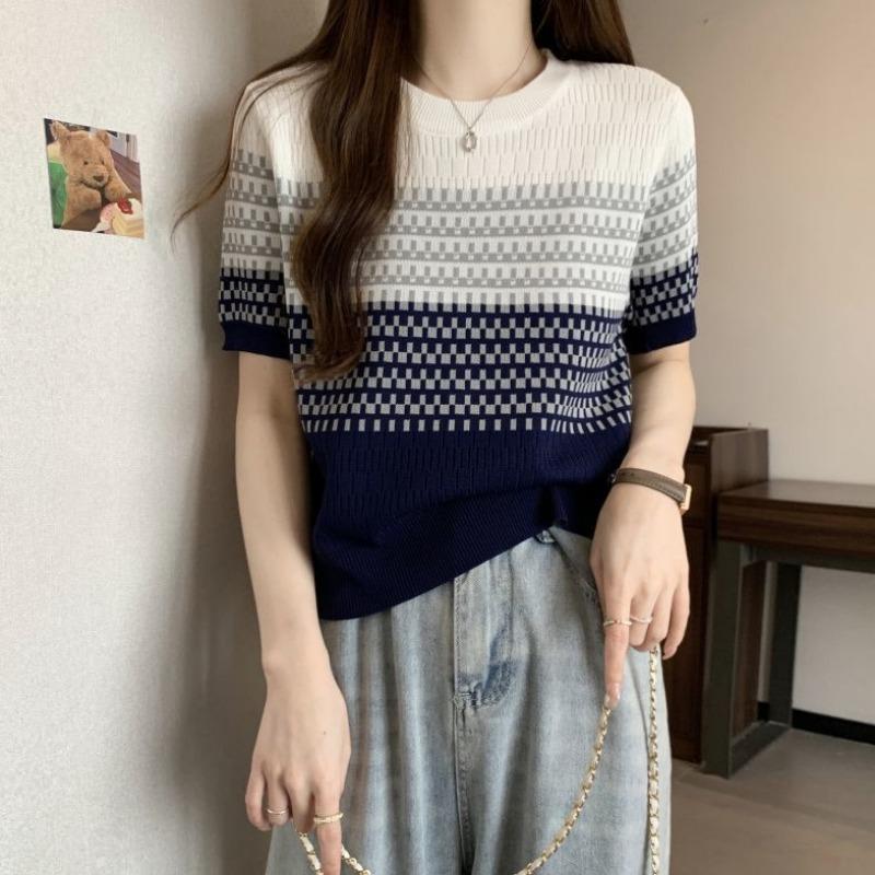 Women's Striped Color Block Knit T-Shirt, Short Sleeve Crew Neck Casual Knitwear Top