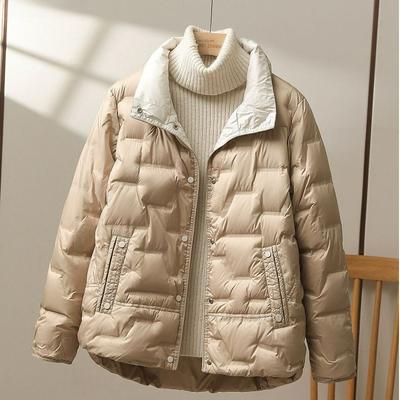 Weiße Entendaunen Leichte Kurze Stehkragen Kompressionsgummi Daunenjacke Damen Wintermode Kleine Warme Jacke