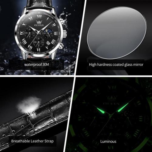 OLEVS Men's Watch, Black, Stylish, Waterproof, Luminous Watch, Cool, Black Leather Strap, Analog Quartz, Business Arm Watch for Men, Popular Fashion,