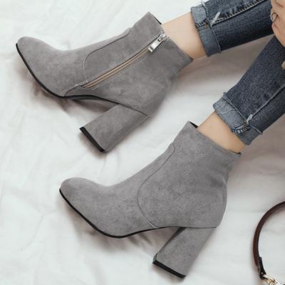 Flock Short Boots Autumn Spring Shoes Women's Ankle Boot Black Gray Beige Block Heeled Party Dance Shoes Ladies Large Size