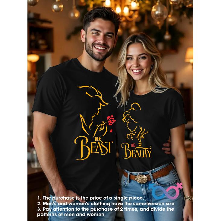 1pcMatching Couple T-Shirts HER BEAST and HIS BEAUTY - Gold Design Casual Style with Silhouettes and Roses, Perfect for Festivities - Ideal Gift S