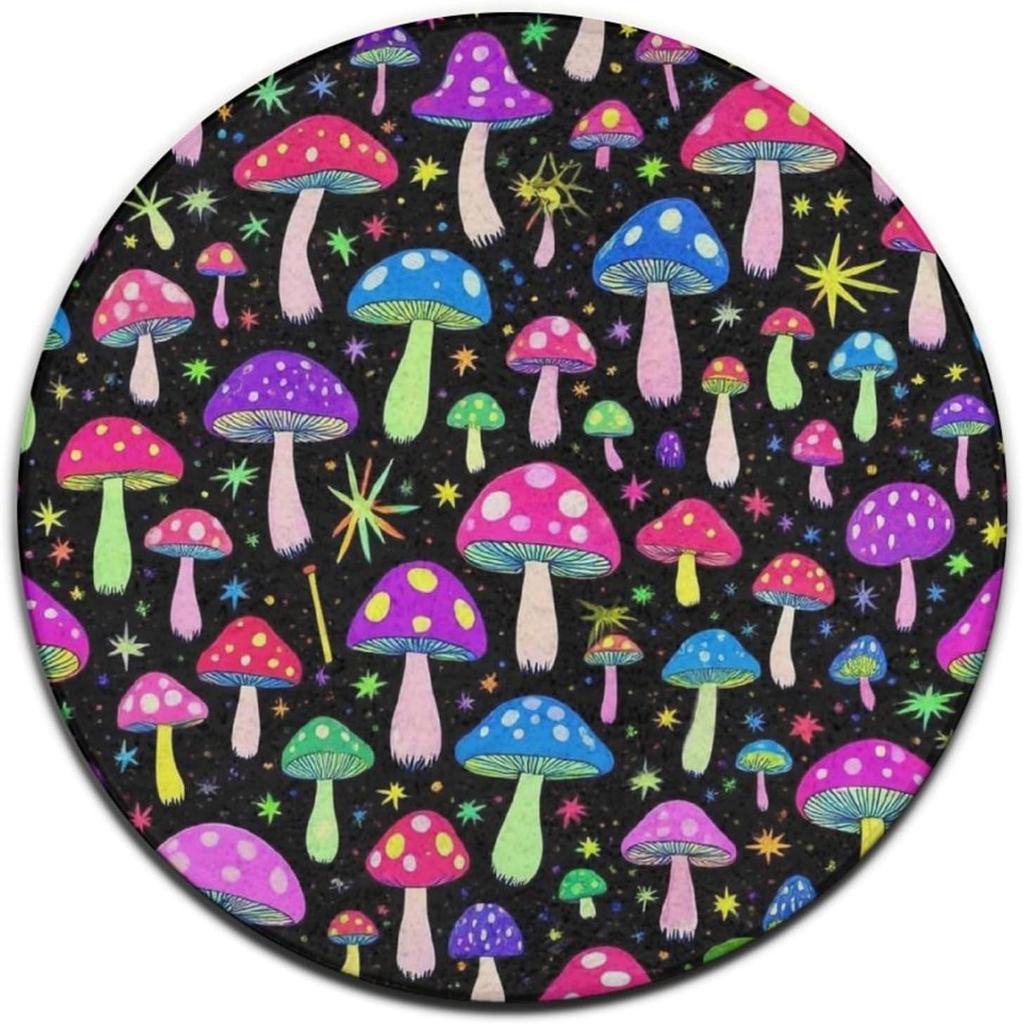 Verträumte Wald-Fantasie Rundteppich Bunter Schmetterling Pilz Farn Druck Teppich Tägliche Zuhause Rutschfeste Matte für Wohnzimmer Schlafzimmer