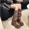 Top quality Women's Winter Rivet Color Blocking Side Zipper Thick High Heel Square Head Motorcycle Boots Catwalk Boots
