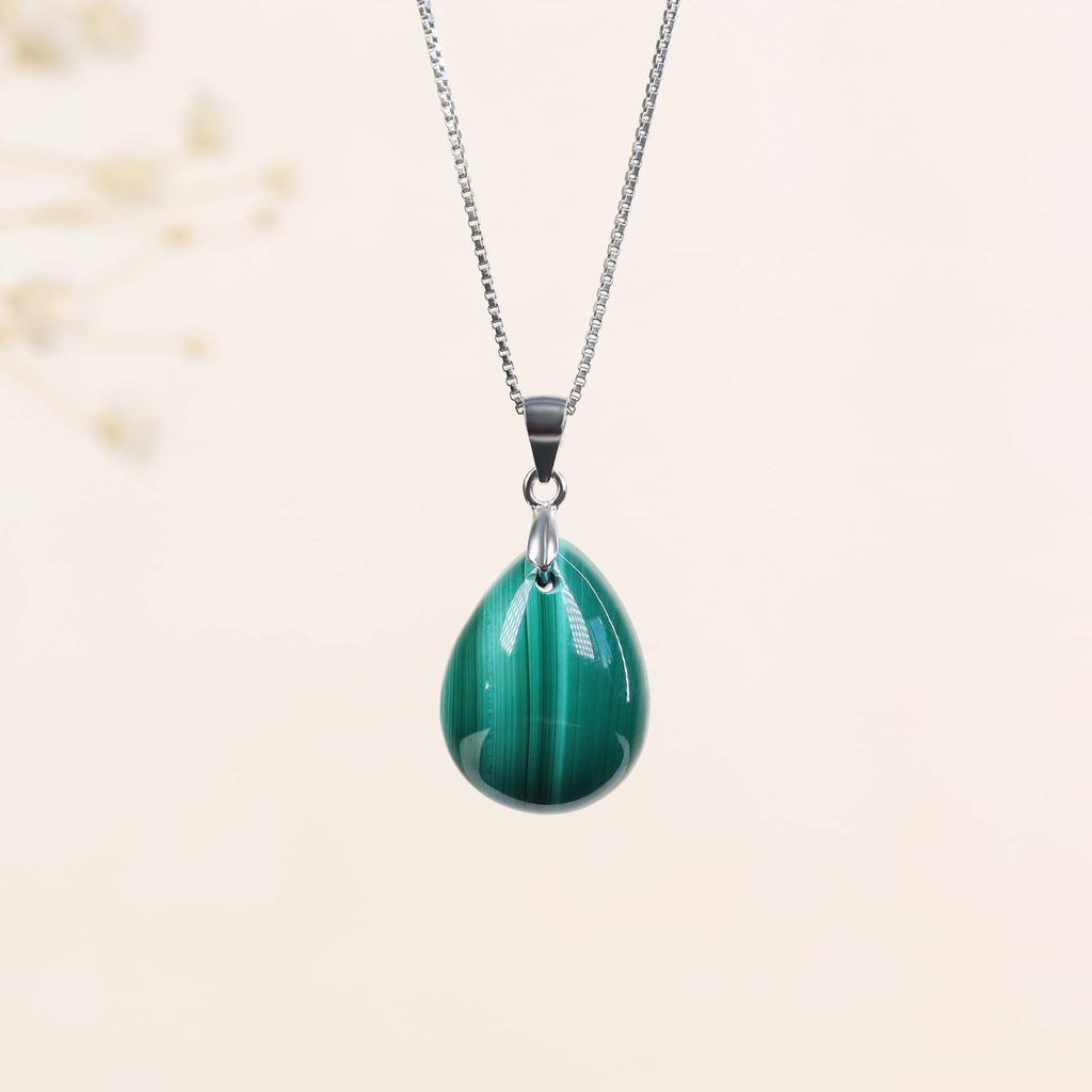 [KOAI] Malachite Teardrop Pendant, Purification and Good Fortune Amulet Power Stone Pendant, 925 Silver Chain, Women's
