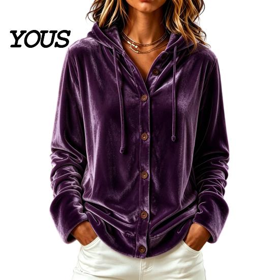 Button Down Coat Women Front Velvet Hoodie, Long Sleeve Hooded Jacket, Soft Outerwear Loose Fit Casual Drawstring for Autumn Winter Apparel