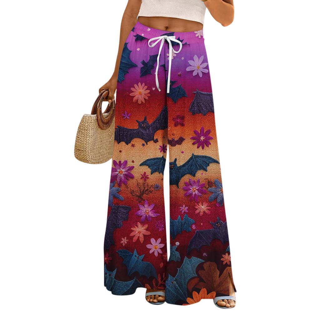 Ladies' Loose And Casual Halloween Printed Wide Leg Pants With Elastic Waistband Drawstring And Pocket Pants