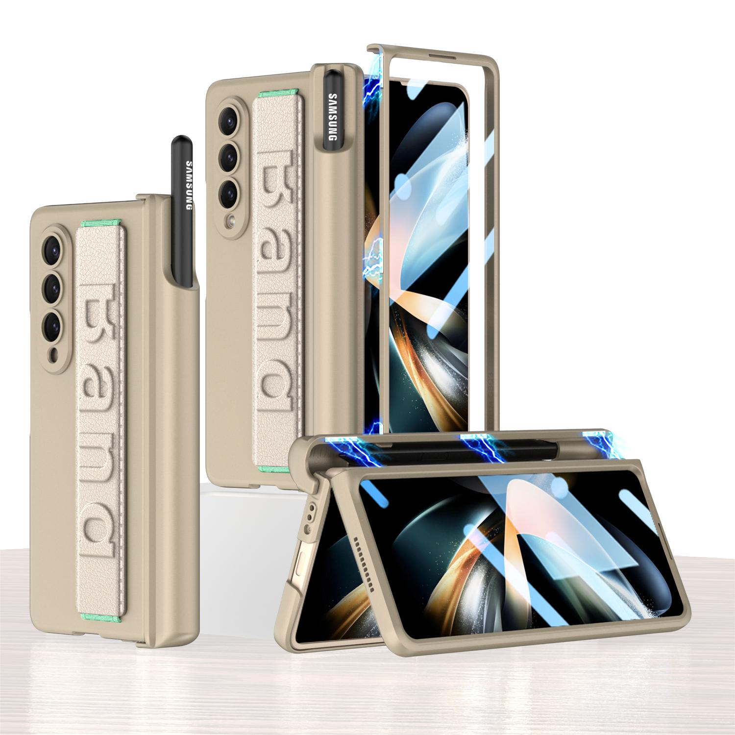 

Чехол для Samsung Galaxy Z Fold 4, магнитный шарнир для ручки и стекло экрана для Galaxy Z Fold4, жесткий чехол с ремешком на запястье for Galaxy Z Fold 4 золотой