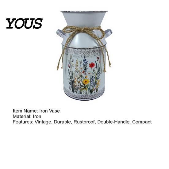 Rose Display Bucket Vintage Iron Flower Bucket, Rustic White Double-Handle Metal Vase with Floral Print & Jute Artificial Bow, Farmhouse