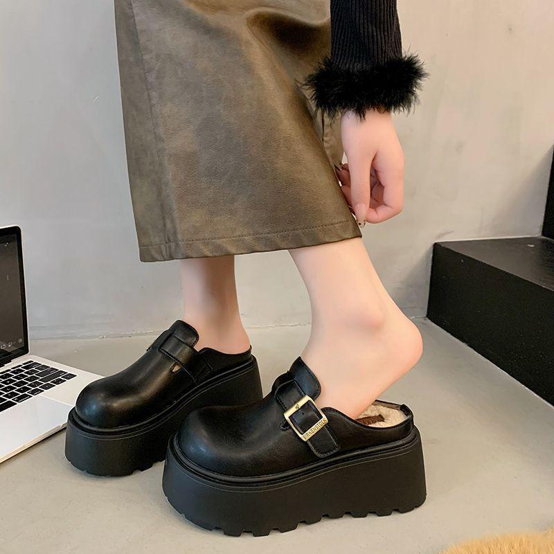 European-style heightened thick-soled one-pedal versatile classic Boken shoes bag head drag 2025 autumn and winter new outer slippers women