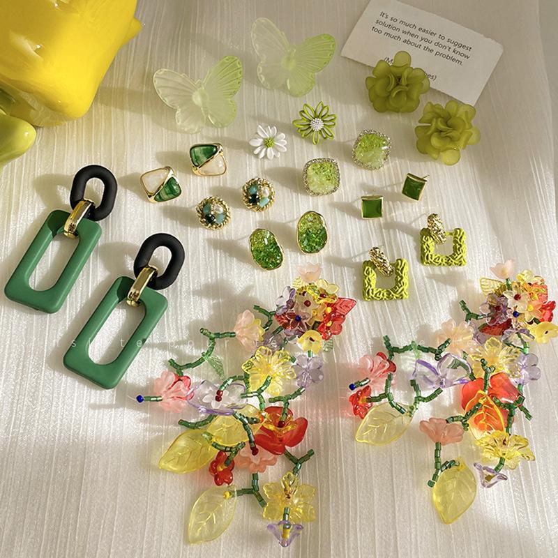 Mori Butterfly Flower Green Earrings Temperament Versatile Stud Earrings Personality Sweet Small Fresh Earrings