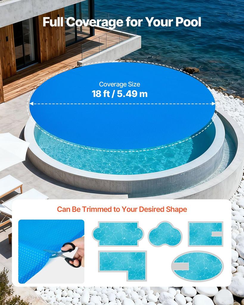 Solar Pool Cover, 5.49m Round Pool Bubble Cover, 16 Mil Pools Solar Blanket with Bubble & PE Material, Daytime Heat Absorption, Nighttime Heat