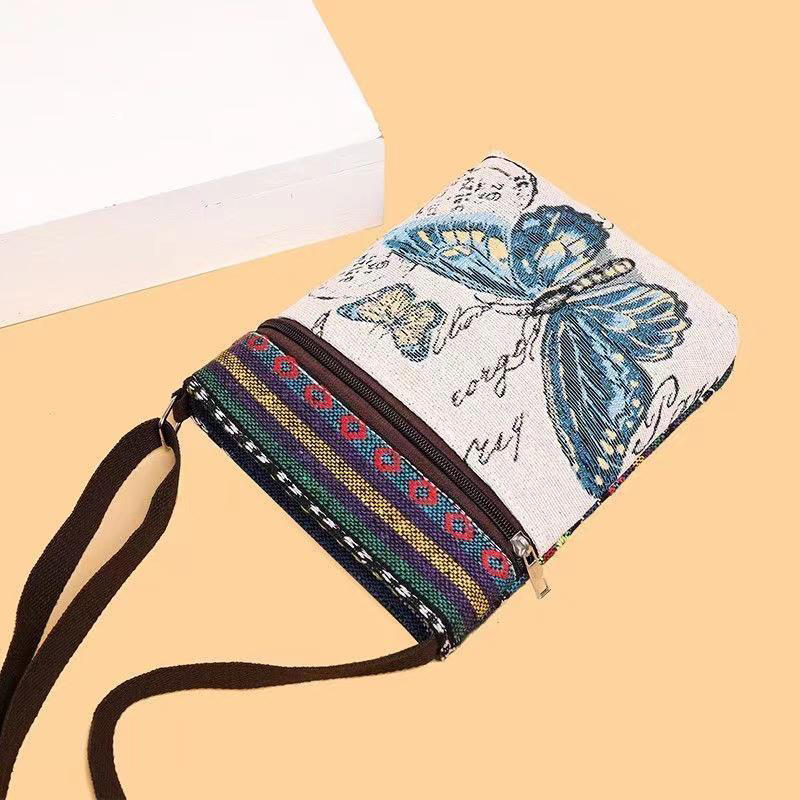 Retro Ethnic Style Shoulder Bag Canvas Embroidered Phone Crossbody Messenger Bag Travel Outdoor Casual Simple All-Mastch Women Small Bag