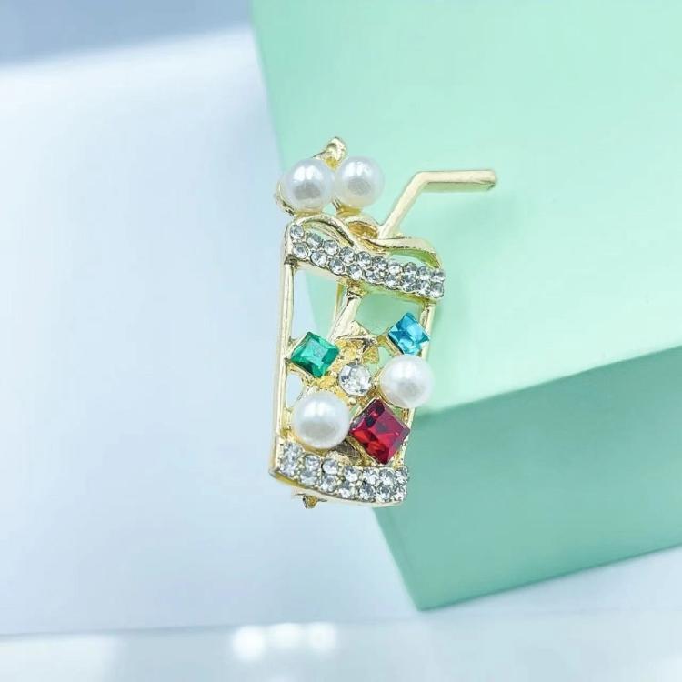 Creative Zircon Rhinestones Juice Beverage Cup Pin Brooch For Women Girls Trendy Clothing Casual Banquet Accessories