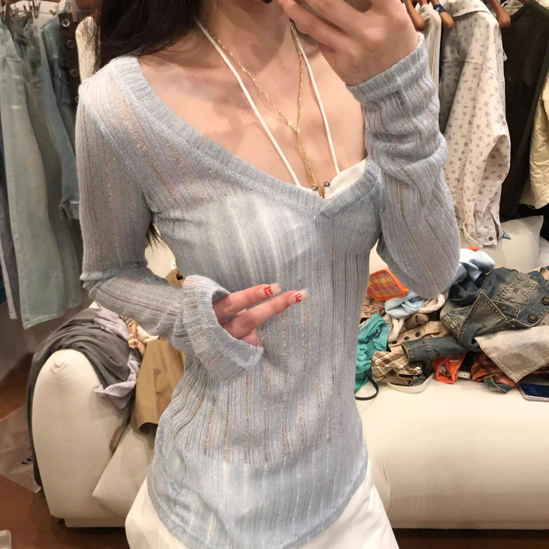 

Кардиган из полупрозрачного трикотажа с вырезами в корейском стиле для женщин - Весенне-летний топ с длинным рукавом и защитой от солнца Large