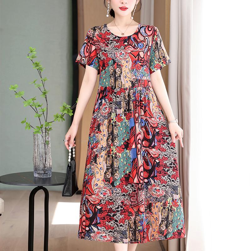 Elegant Long Dresses Women Summer Casual Short Sleeve Vintage Dress Korean Style O-Neck Female Clothing