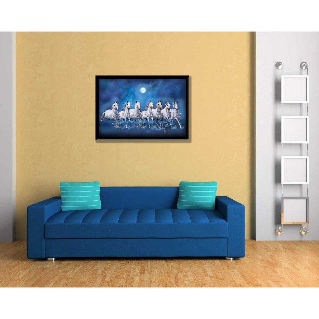 Sieben glückliche laufende Vastu-Pferde, gerahmtes Gemälde - (Ozeanblau, 12 Zoll x 18 Zoll)