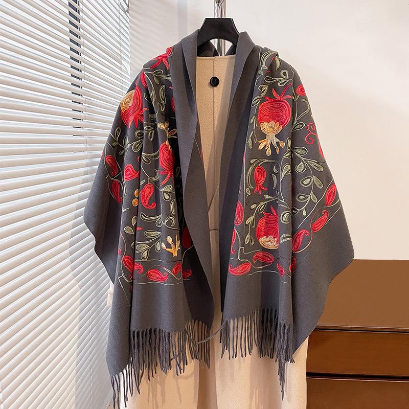 Autumn And Winter Contrasting Colors Pomegranate Leaves Embroidered Double-Sided Warm Scarf Women'S Ethnic Style Travel Shawl
