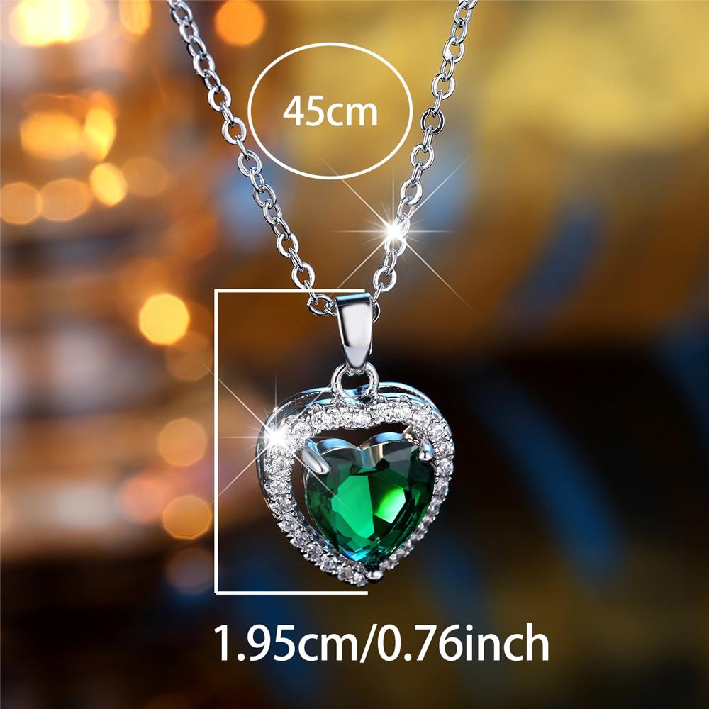 Female Crystal Blue Red Green Zircon Stone Love Heart Pendant Necklace Vintage Silver Color Wedding Jewelry For Women