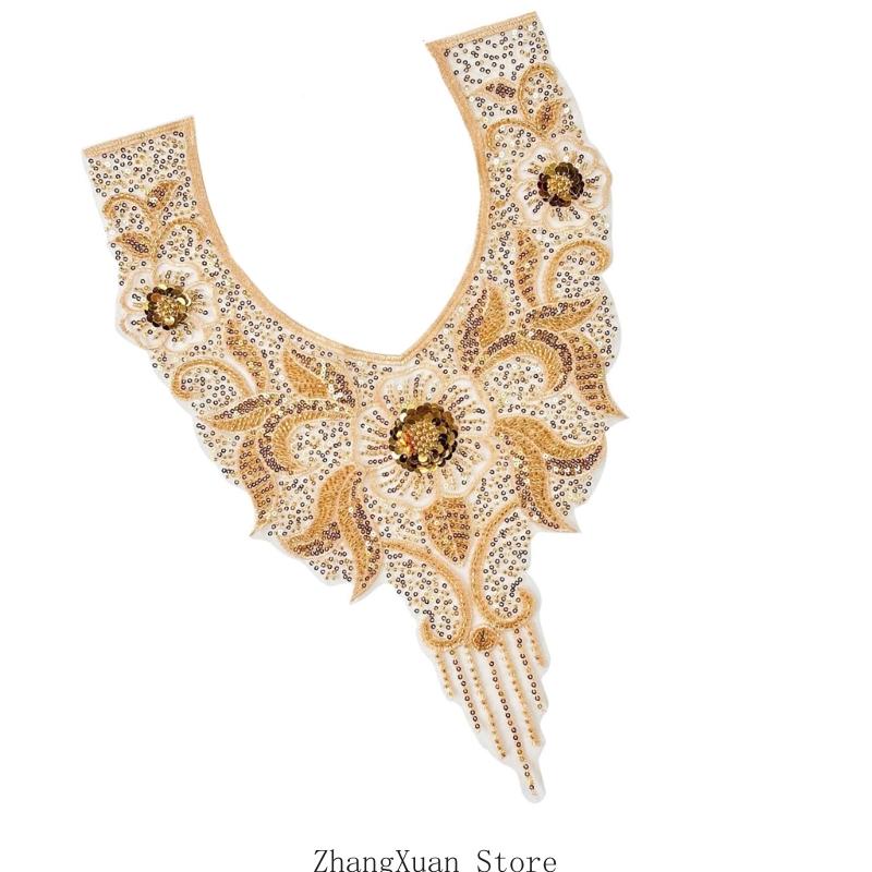 Aplikacja z haftowanych koralików na suknię ślubną, suknię wieczorową, naszywki do przyszycia na kołnierz, koralikowe cekiny, naszywki do przyszycia, aplikacja