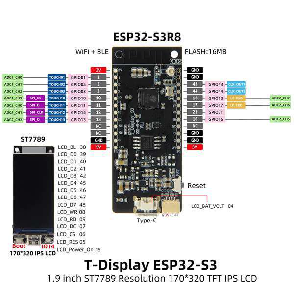ESP32-S3R8 T-Display-S3 (Black, PCB)