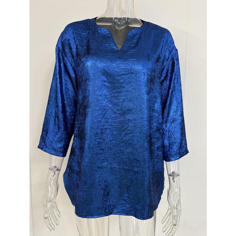 Women's Large Size T-shirt Spring and Summer Seven Quarter Sleeve Shiny Loose Casual Female T-shirt Fashion V-neck Solid Color Office Ladies Tee Tops