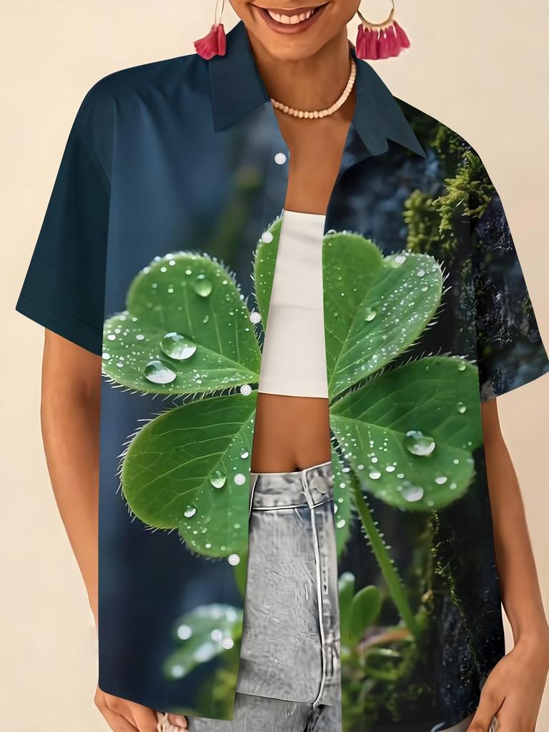 Gentle blue floral printed shirt for women, short-sleeve loose lapel design, niche vacation style top