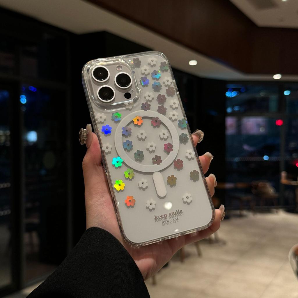 Magnetic Phone Case for IPhone17 with Colorful Laser Flowers and Transparent Anti Drop Protective Case for Apple 16ProMax