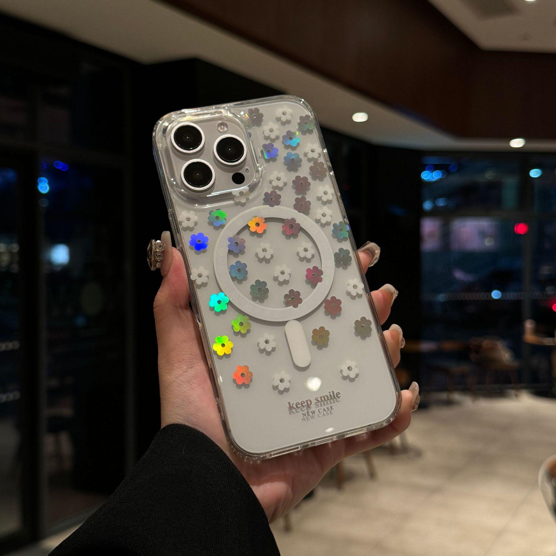 

Magnetic Phone Case for IPhone17 with Colorful Laser Flowers and Transparent Anti Drop Protective Case for Apple 16ProMax iPhone13