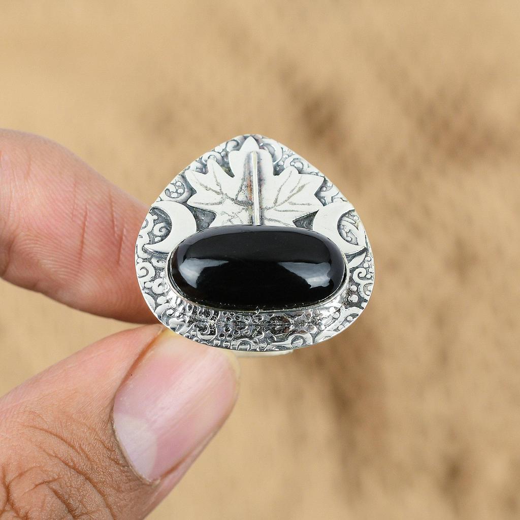 Oval Root Chakra Black Onyx Gemstone Sterling Silver Cresent Moon Artisan Ring
