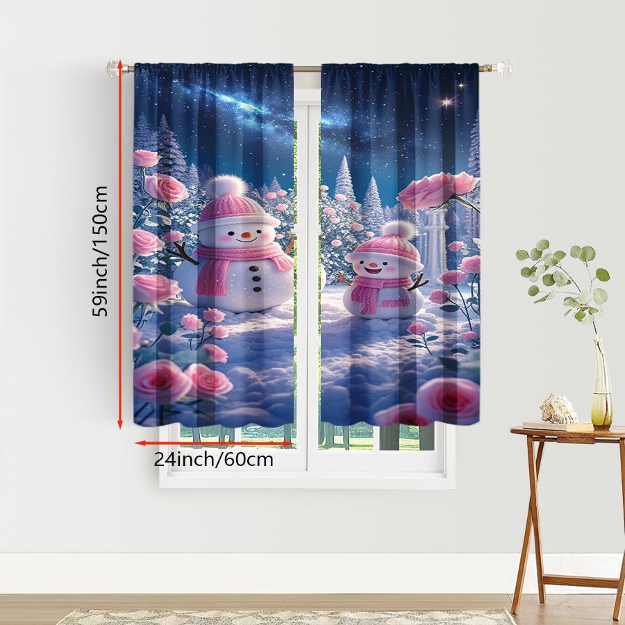 2PCS Pink Rose Snowman Curtains, Dreamy Winter Night Rose Garden Scene, Romantic Christmas Window Drapes for Bedroom Living Room