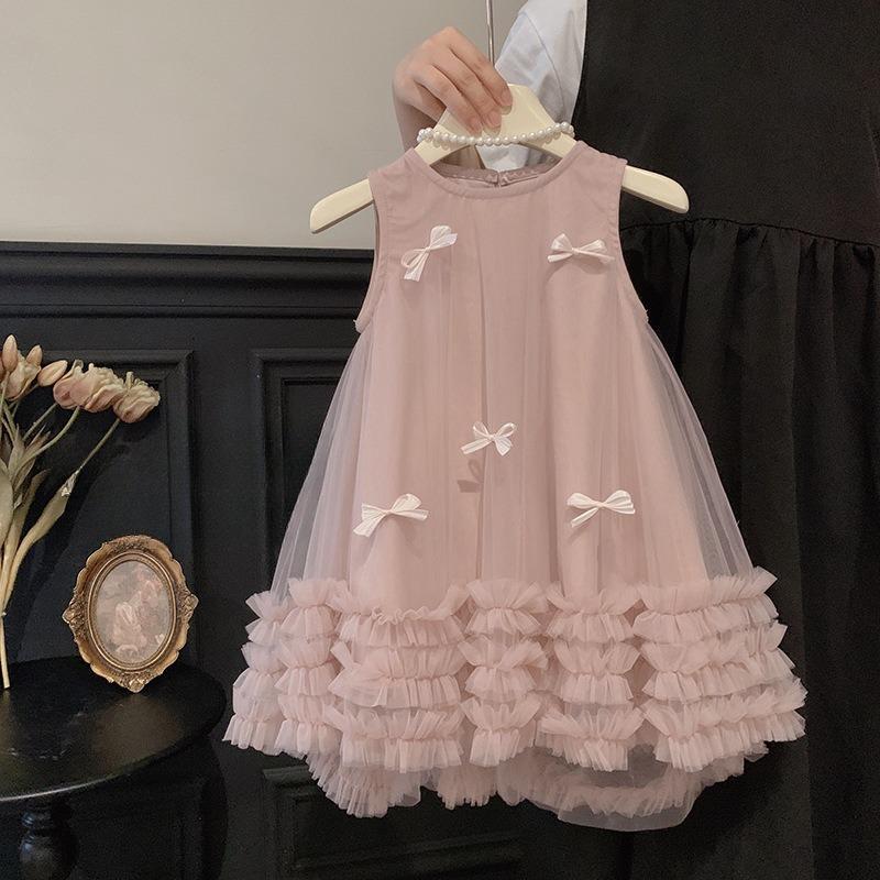 Girls' Summer Sleeveless Three-dimensional Bow Mesh Dress