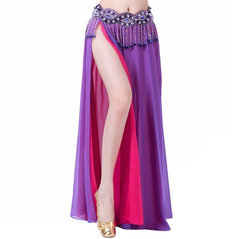 Belly Dance Skirt Double Slits Dance Training Dress Chiffon Long Skirt for Professional and Beginner